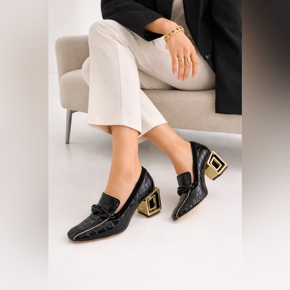 Tory Burch Shoes - Tory Burch Jessa Black Croc Texture Square Toe Loafers Gold Architectural Heel